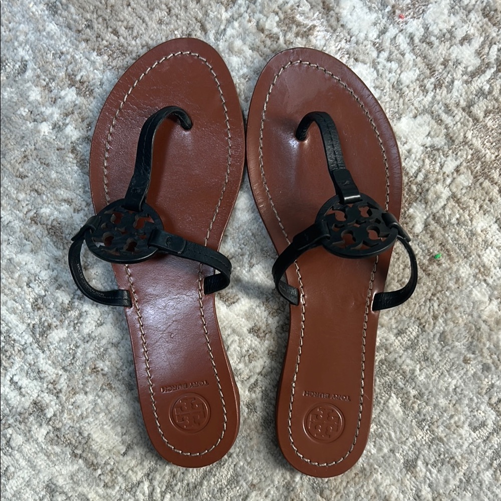 Tory Burch Black and Brown Leather Sandals